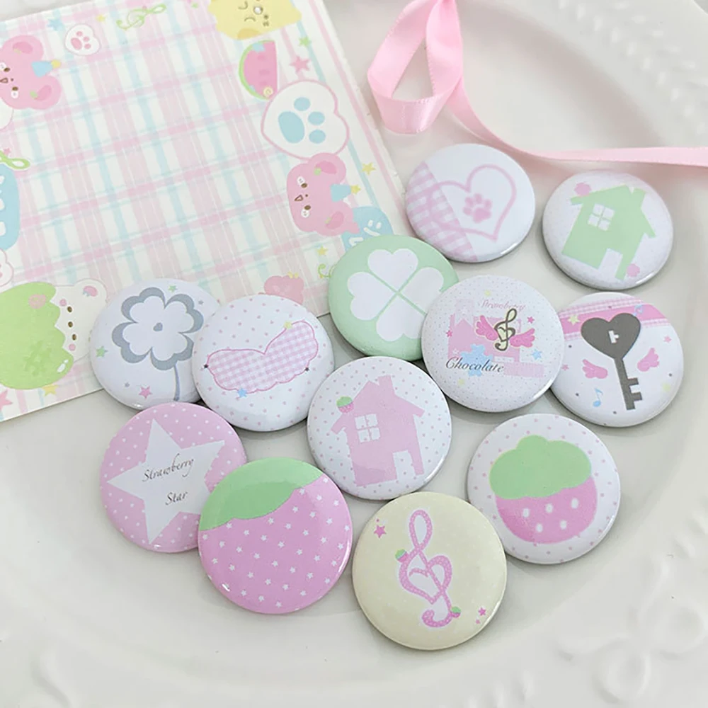 6PCS Original Cute Mini Badges, Cartoon Handbook Decoration Pins, 25mm Four-Leaf Clover/Strawberry Pattern Badges