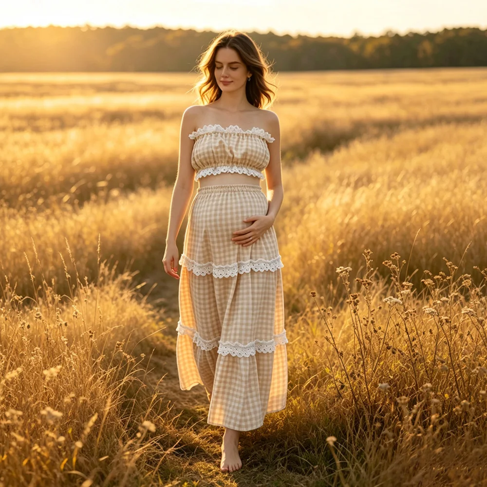 2Pcs Maternity Photoshoot Set Tube Top Tiered Maxi Skirt Lace Trim Pregnancy Baby Shower Pregnant Women Bohemian Casual Outfit