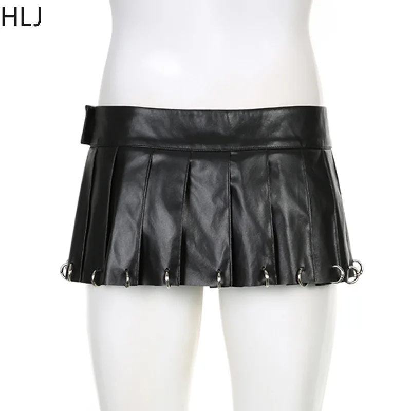 HLJ Black Punk Sexy Leather Pleated Mini Skirts Two Piece Set Women Hooded Backless Lace Up Crop Top And Skirts Nightclub Outfit