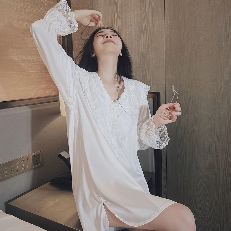 

Women Spring Autumn Nightdress Long Sleeve Sexy Nightgown Loose Lace Pyjamas Thin Mid-length Pajamas Solid Color Shirt Nighty