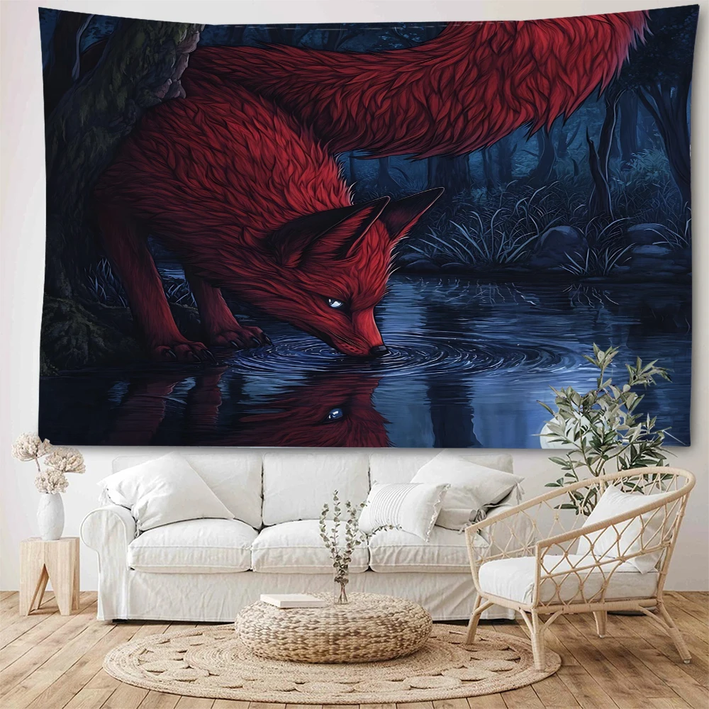 Japanese ukiyo-e fox illustration decorative tapestry, fox in the jungle, psychedelic fox decorative tapestry