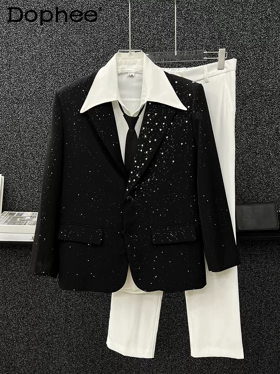 

2024 Autumn Solid Color Blazers Starry Suit Jacket Men's Loose High-End Design Handsome Padded Shoulder Metal Rivet Suit Jacket