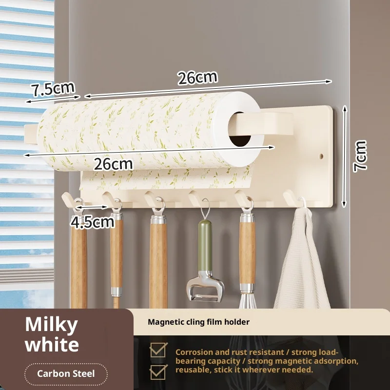 Imagen 7: Portarrollos de Papel Magnético para Refrigerador con 6 Ganchos, Soporte para Rollo de Cocina, Organizador de Refrigerador para Montar en la Pared, Sin Perforaciones, 26 cm
