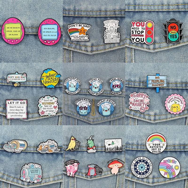 2-7Pcs/set Motivational Quotes Enamel Pins Mental Health Awareness Funny Puns Brooch Lapel Badge Cute Animal Work Meme Jewelry