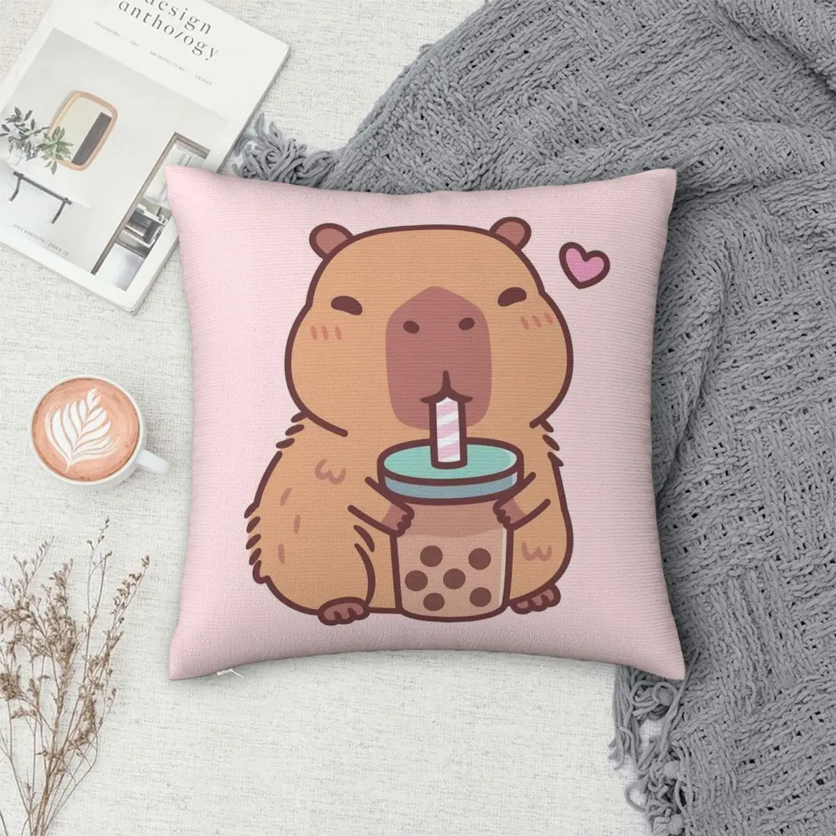 Cute Capybara Loves Drinking Bubble Tea Pillowcase Soft Polyester Cushion Cover Decoration Throw Pillow Case Cover Home Square