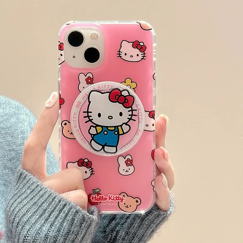 Cute Pink Cartoon Hello Kitty Magnetic Bracket Magsafe Wireless Charge Phone Case For iPhone 13 12 14 15Pro Max 11 Cover