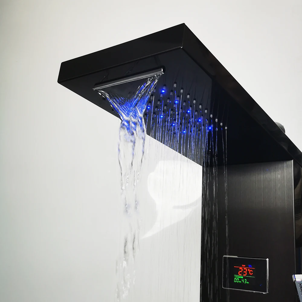 Monite Digital Display Bathroom Shower Column Rainfall And Waterfall Black Massage Spa Jets Bath LED Panel With Hand Shower Taps