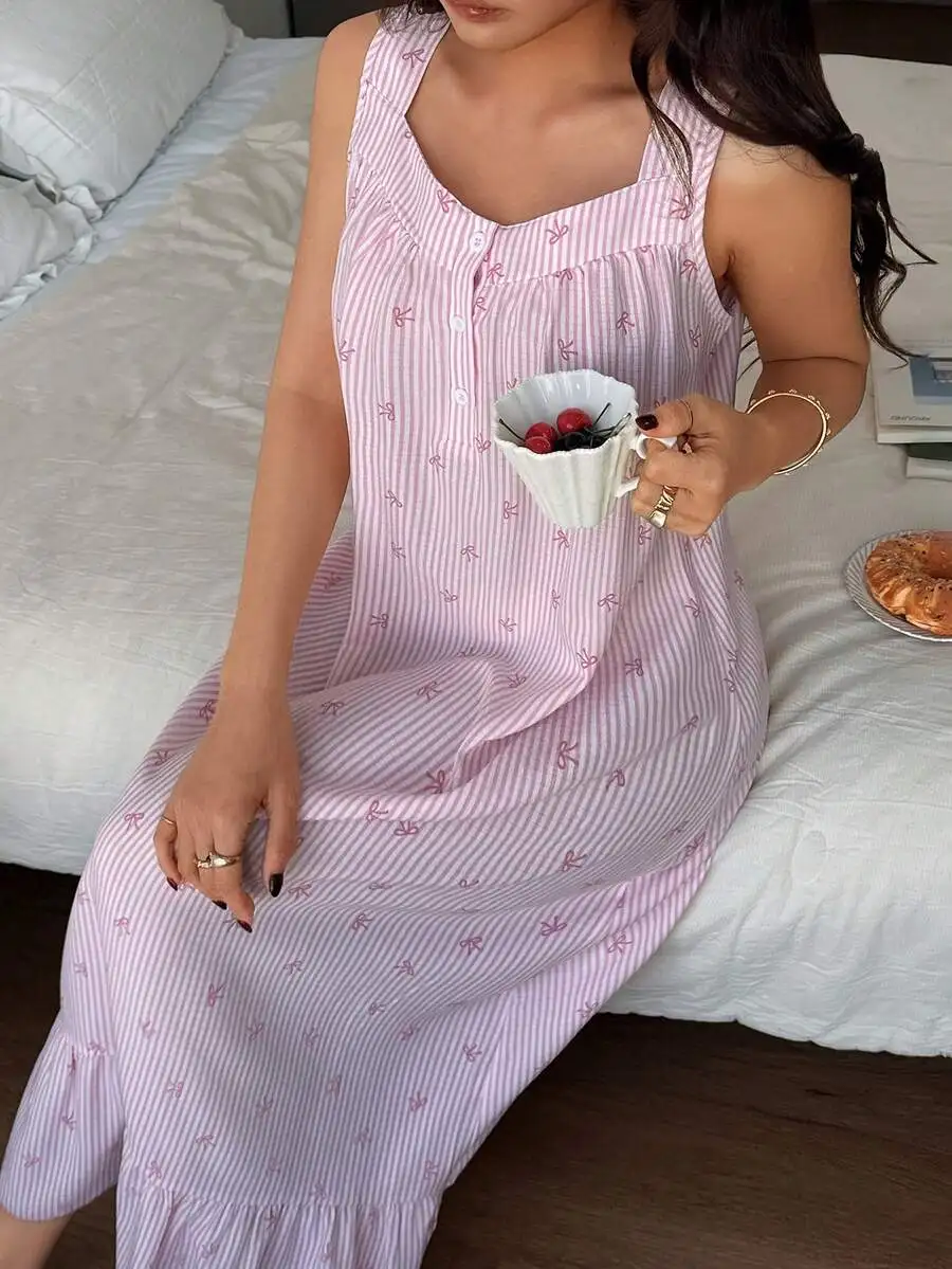 

Striped Bow Print Sleeveless Ruffled Hem Nightgown Sleep Dress For Women Summer