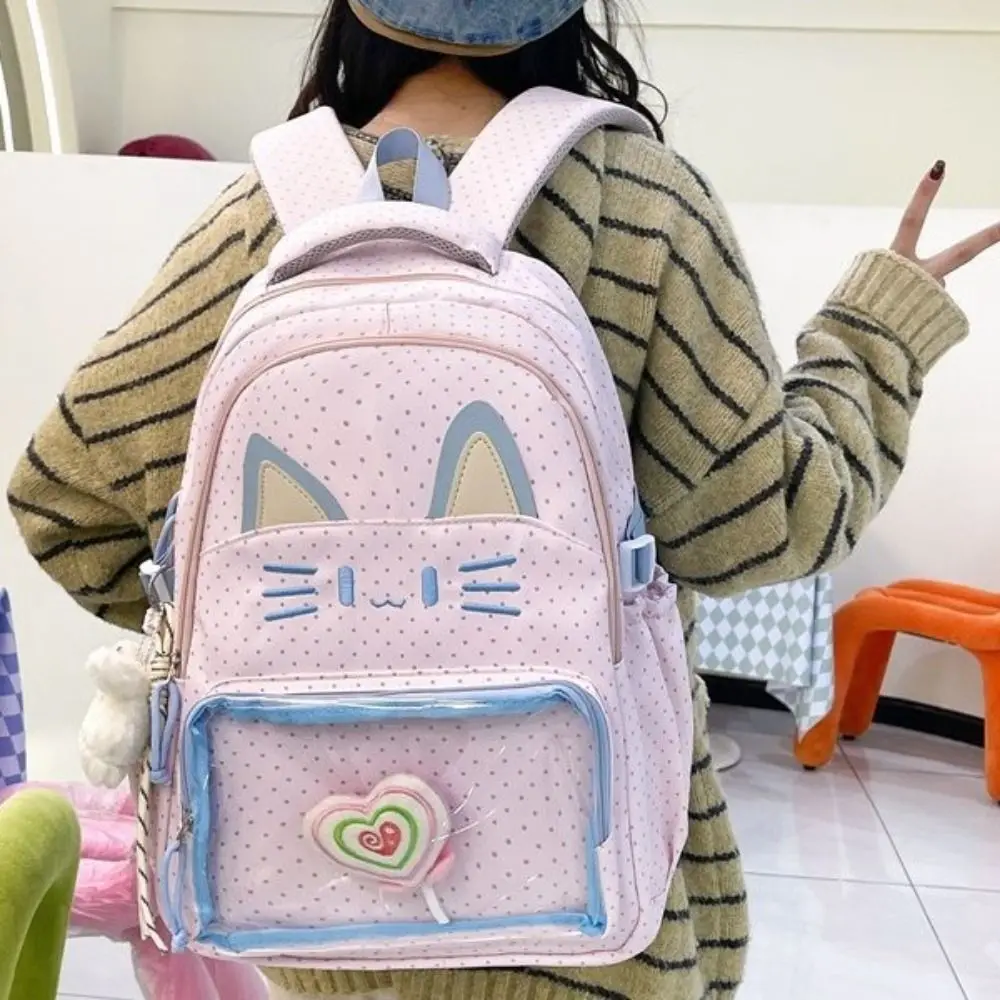 

Preppy Style Cartoon Cat Backpack Embroidery Kitten School Backpack Cute Portable Students School Bag
