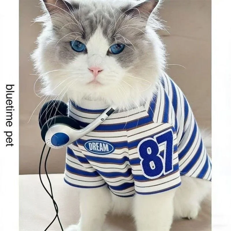 Summer lightweight striped short-sleeve T-shirt with stylish embroidered lettering for small dogs, cats, and pets – trendy and c