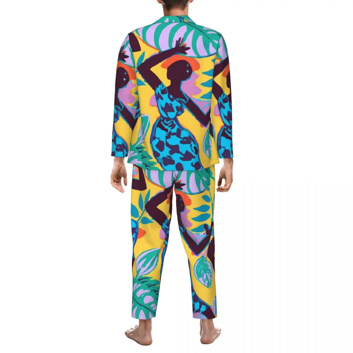 Pajamas Mens African Women Dancing Daily Nightwear Joyful and Colorful Art 2 Piece Vintage Pajama Sets Oversized Home Suit