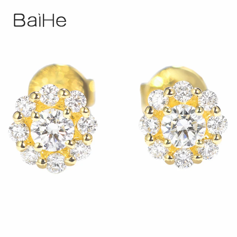 

BAIHE Solid 14K Yellow Gold H/SI Natural Diamond Flower Stud Earrings Women Men Wedding Trendy Fine Jewelry aretes kolczyki