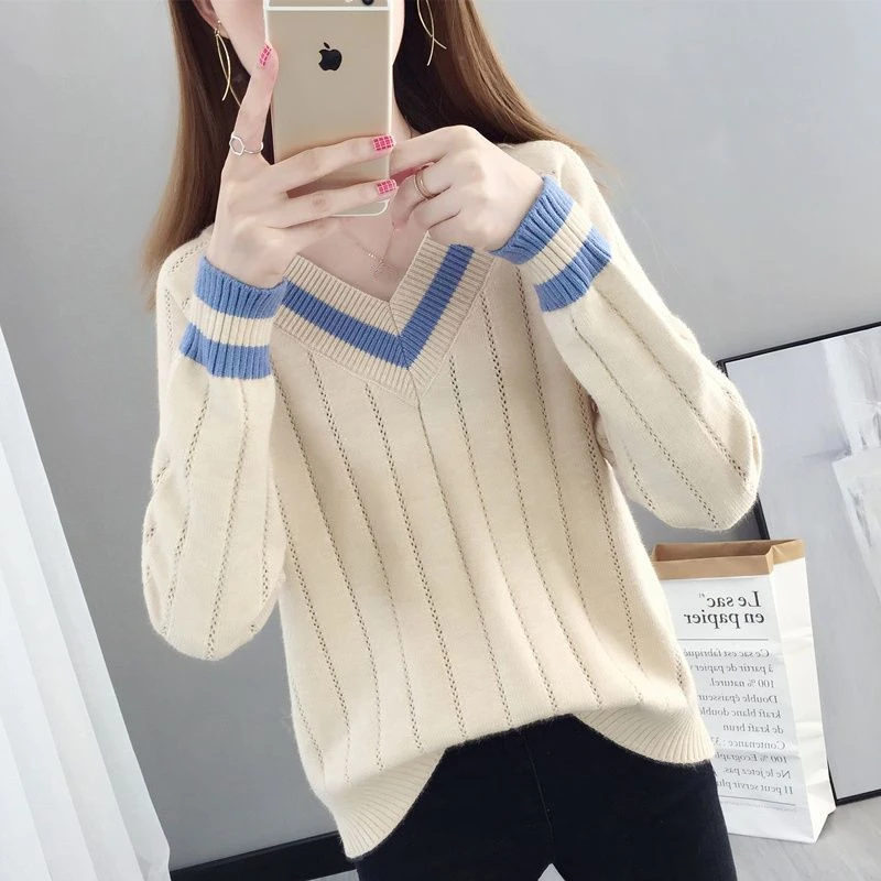 

Casual Women Loose Striped V-Neck Sweaters 2024 Autumn Fashion Long Sleeve Knit Pullover Chic Female Oversize Knitwears