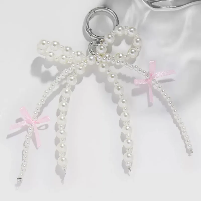 Pearl String Keychain with Pink Bow Key Chains For Women Bag Camera Phone Case Charms Decoration Girl Gift Y2k Kpop Jewelry