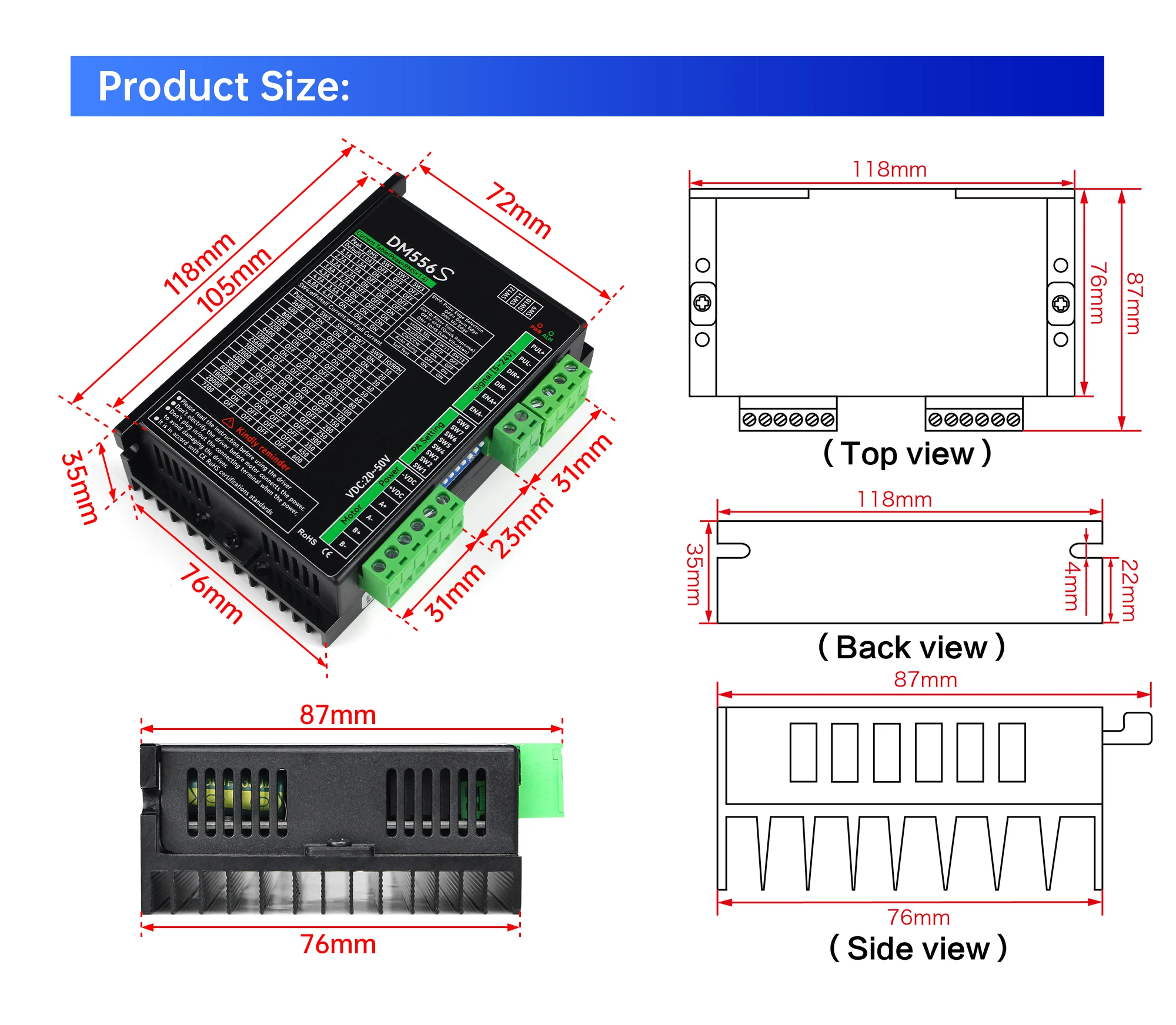 DM556S 2 Phase Stepper Motor Driver 20-50VDC 1.0-6.0 A Stepper Motor Controller for Nema17 Nema23 Nema24