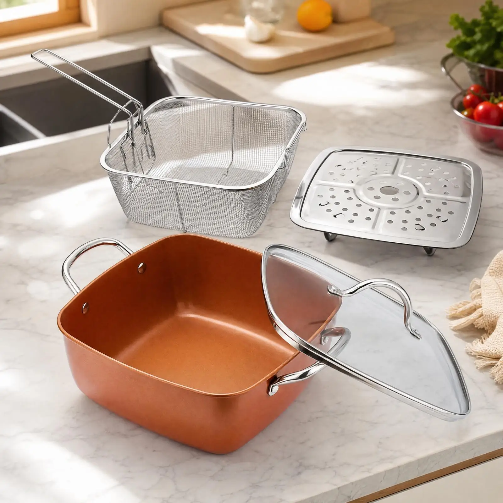 Aluminum Alloy Square Pot Nonstick Frying Pan with Glass Lid and Steaming Rack for Soup Simmering Kitchen Use