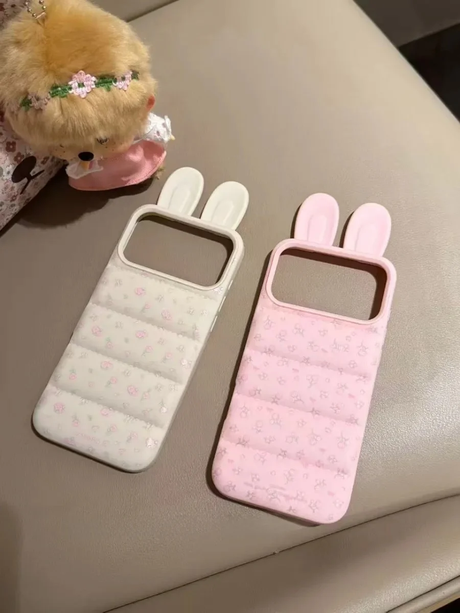 Rabbit Ear Floral Ins Style down Phone Case Protective Cover for iPhone 17 pro Max  16 pro New Model 15  Japanese K...