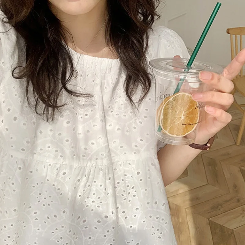 Summer Short Sleeve Women Blouses Casual White Shirt Office Lady Elegant Hollow Out Tops Puff Sleeve Clothing