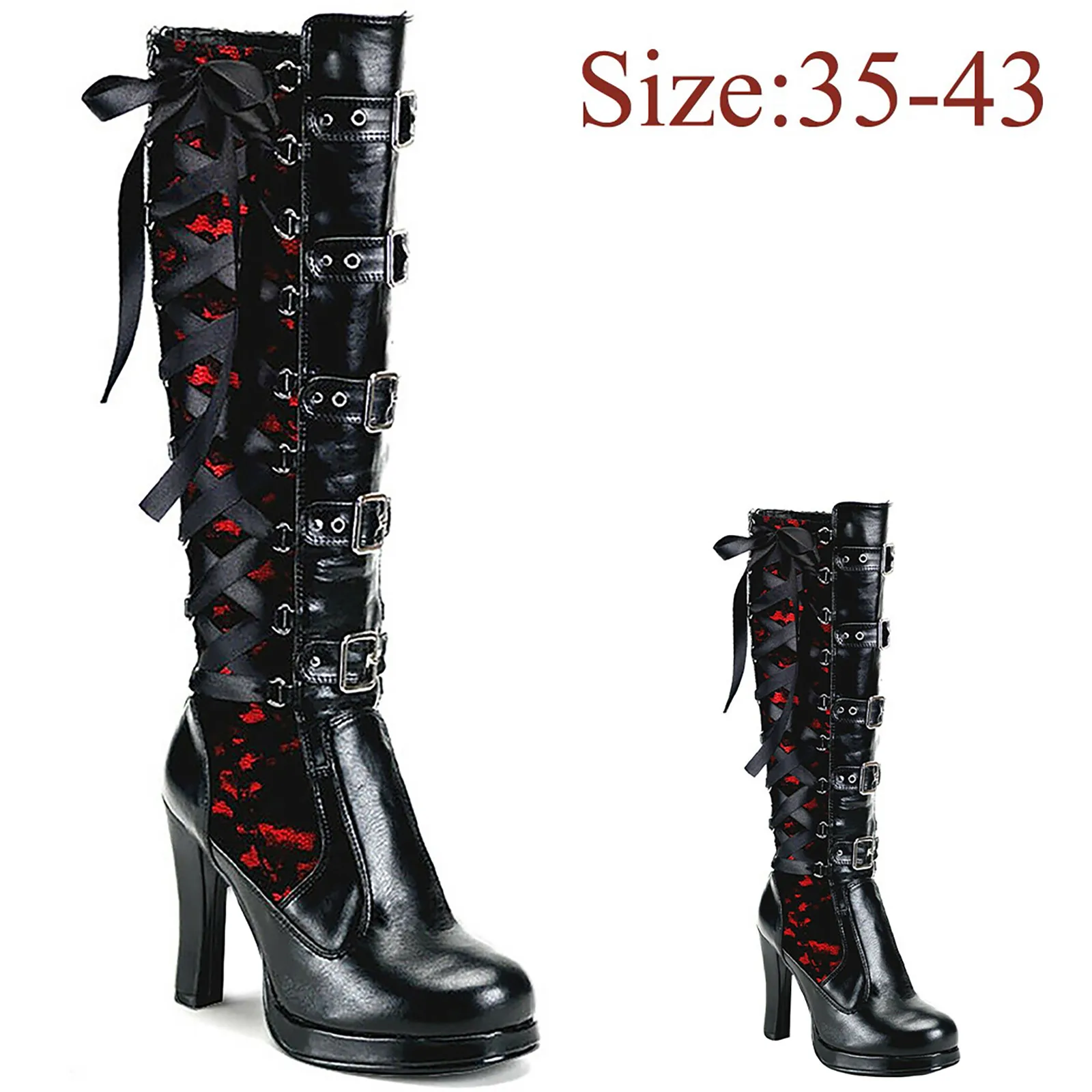 Women Platform Boots Leather Cosplay Gothic Knee High Boots Fashion Bows Belt Buckle Chunky High Heels Round Toe Modern Booties