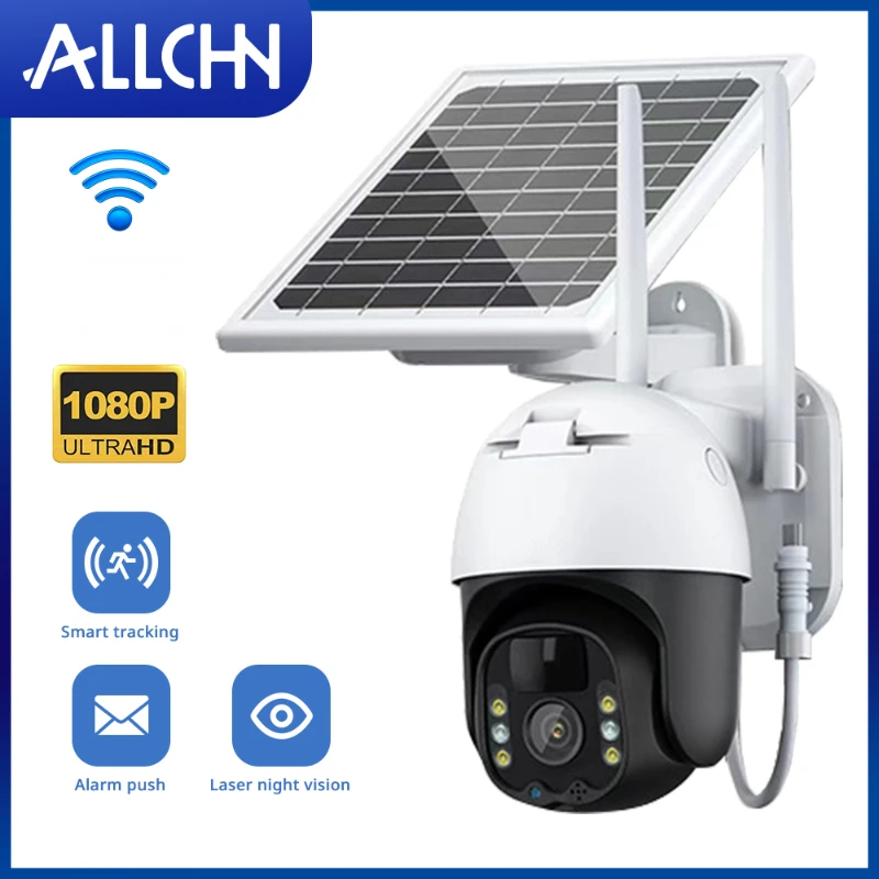 ALLCHN 2MP Wireless WIFI Solar Camera Security Protection Camera PTZ Battery Solar Panel Camera PIR AI Color Night Vision