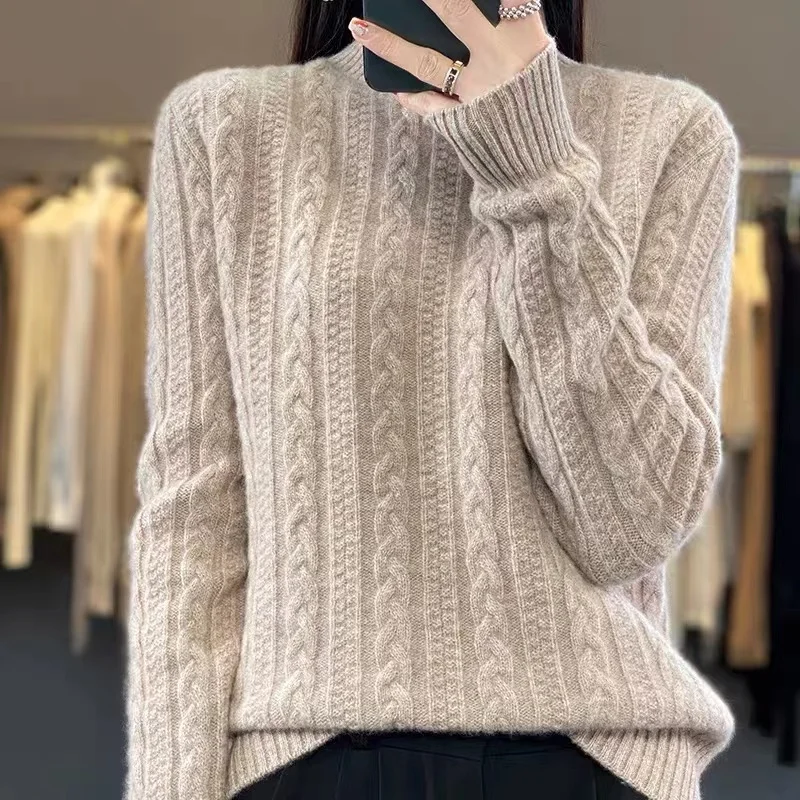 

Half high necked sweater autumn/winter 2023 new solid color loose and thickened pullover knitted bottom sweater for women's top