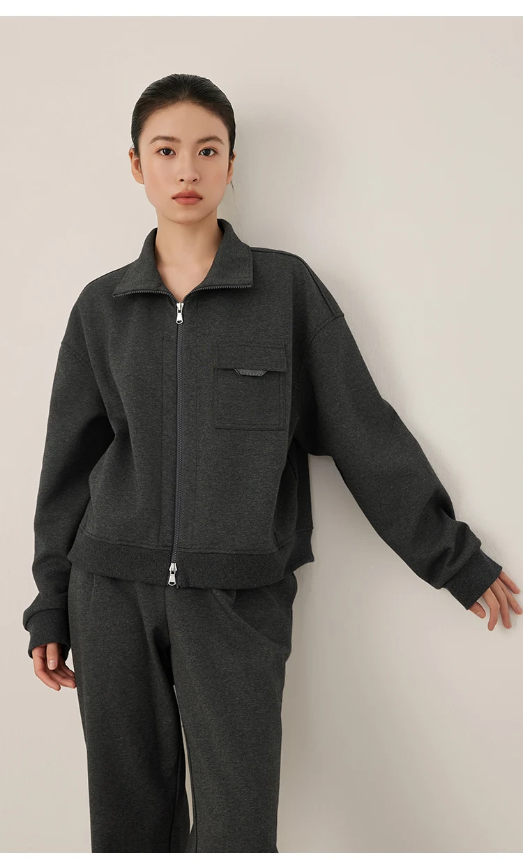 KW7523330 Damen Premium Reißverschluss-Trainingsjacke Langarm-Mischgewebe Herbstmode mit Vordertasche und Akzentbesatz – Detail 8
