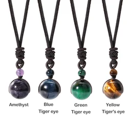 Healing Crystal Necklace Natural Tiger's Eye Amethyst Lucky Blessing Protection Chakra Beads Stone Pendant Women's Mens Necklace