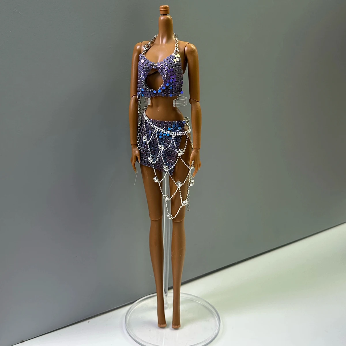 Original Design Purple Openwork Vest+Metal Sequins Short Skirt+Luxury Waist Chain Set For 1/6 Babi Supermodel Doll Clothes Parts