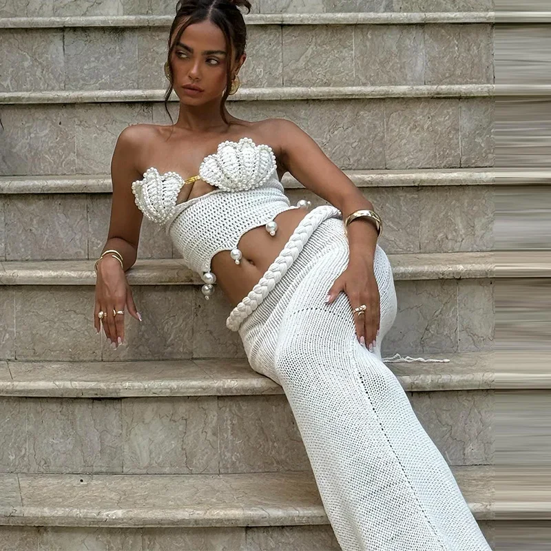 

Сексуальная вязаная крючком юбка с жемчугом, комплект женских однотонных укороченных топов бикини, тонкие юбки на бедрах, 2024, летние женские пляжные наряды, новинка