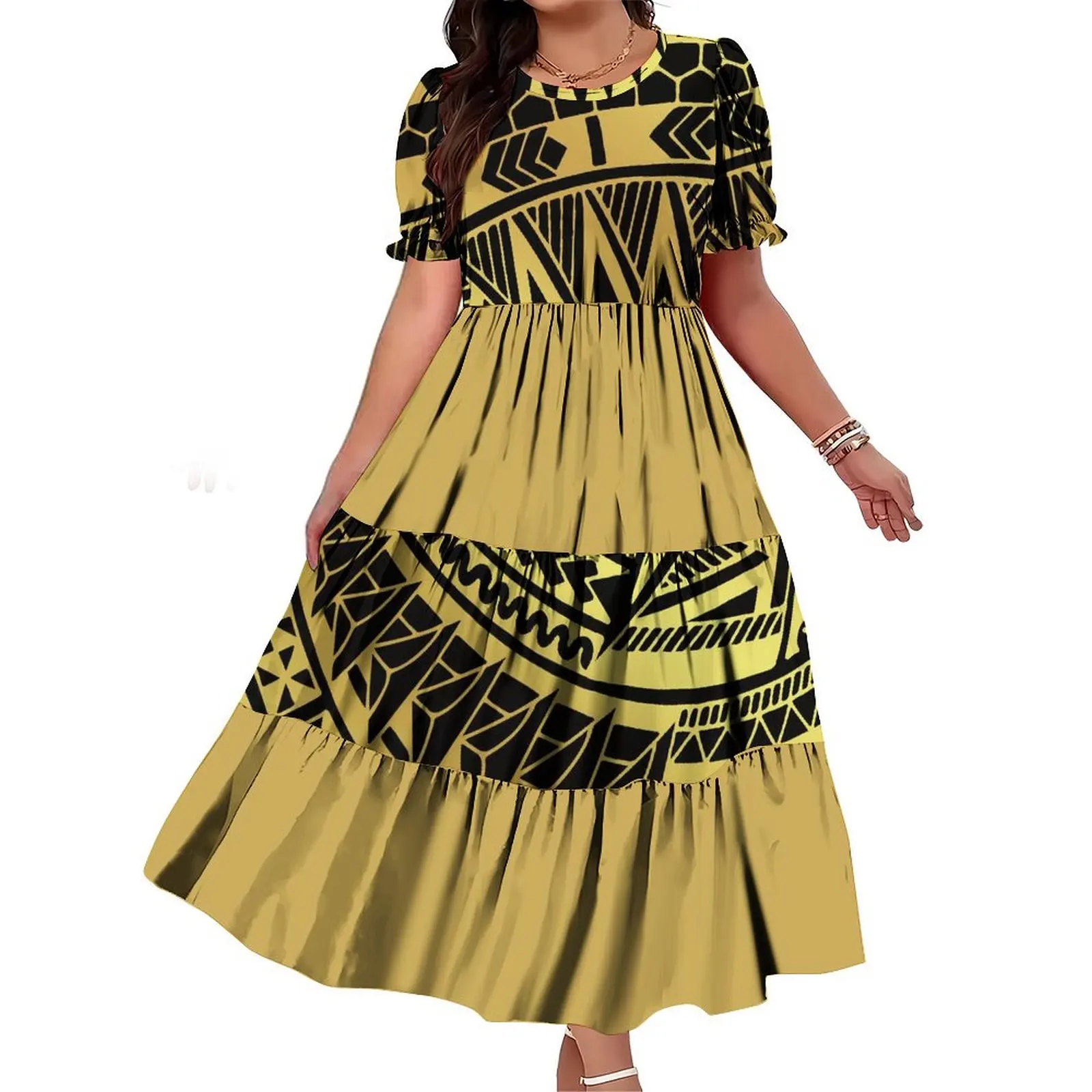 Heißer Verkauf Multi Tiered Kleid Benutzerdefinierte Blase Hülse Design Rot Plissee Kleid Plus Größe Frauen Rundhals Kleid Polynesian Kleider