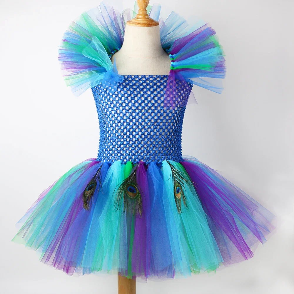 Girls Peacock Tutu Dress with Flower Feather Headband Fancy Peacock Princess Costume Kids Halloween Carnival Party Purim Dresses