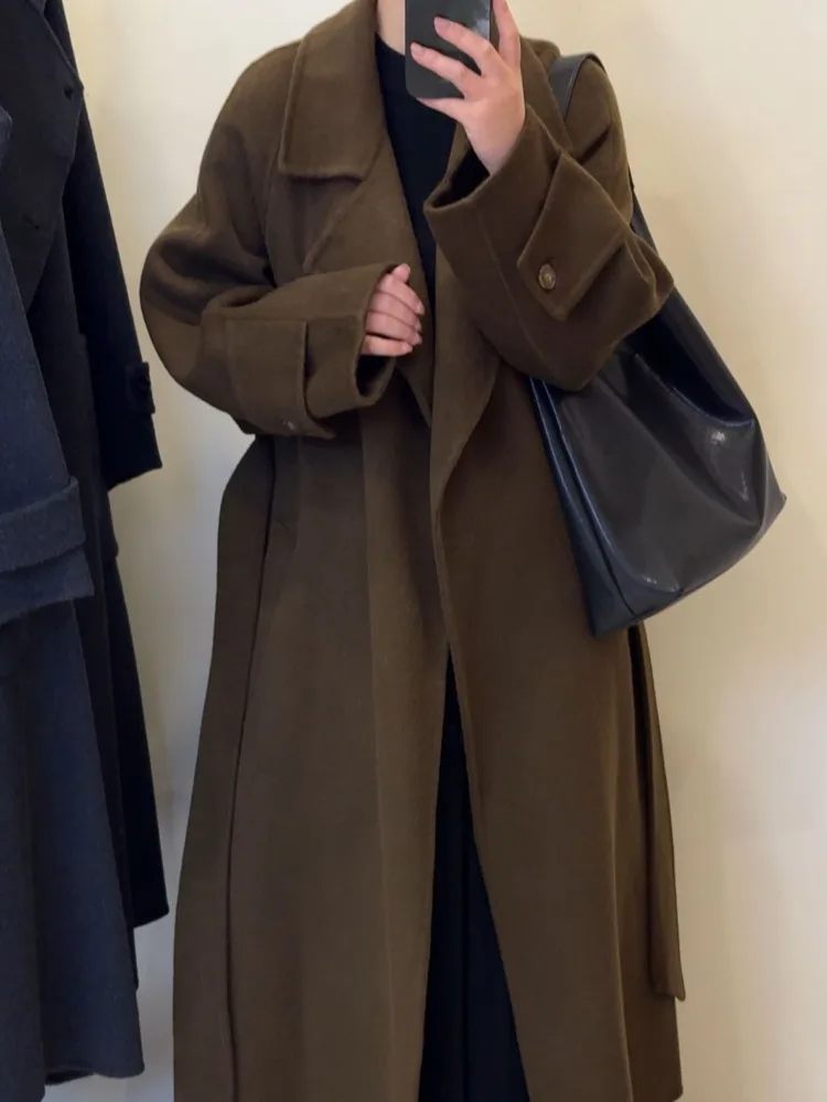 ZMEENNA Cappotto lungo in lana da donna Elegante giacca invernale con risvolto Capispalla chic Cappotto caldo con cintura a figura intera ZM3719