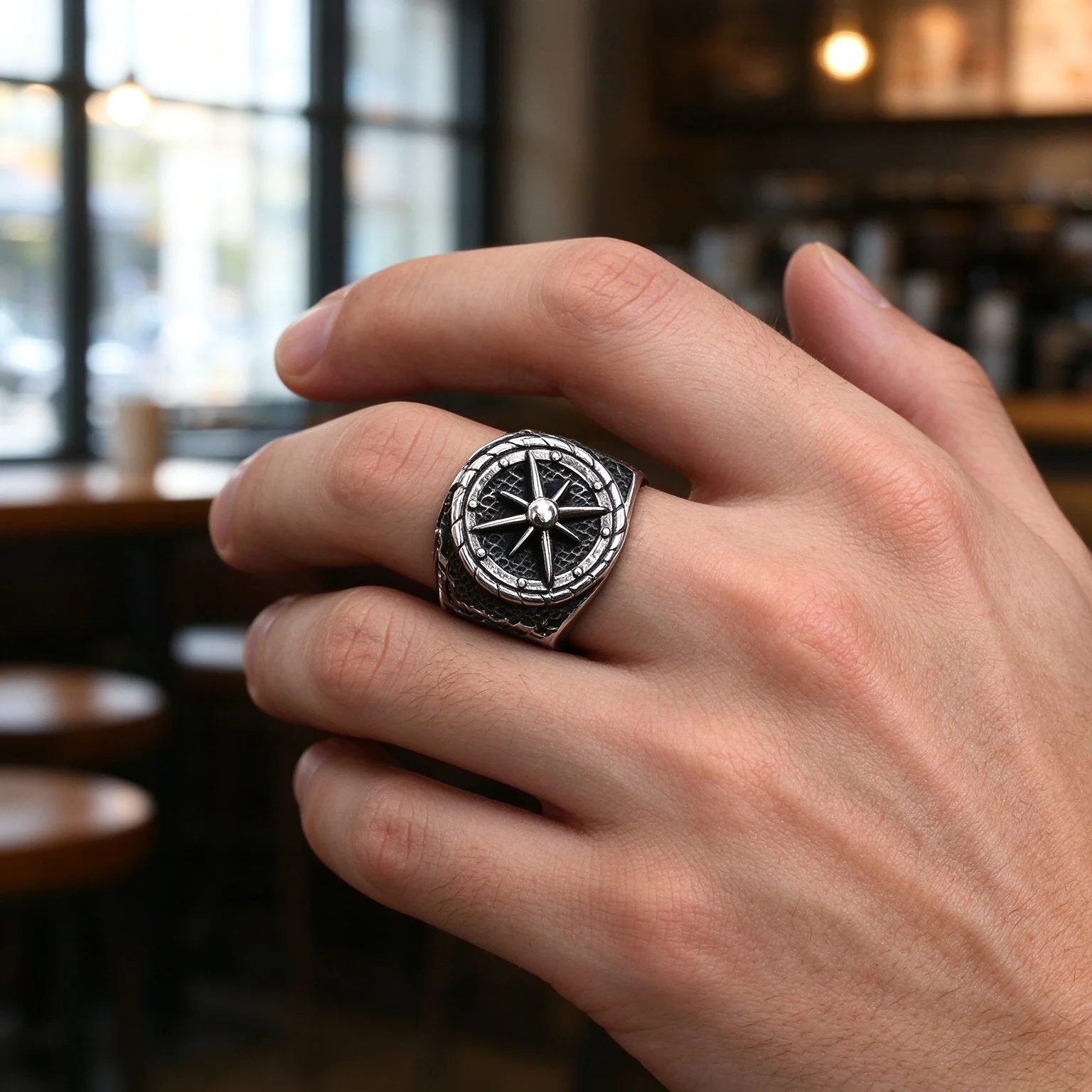 Men's Nautical Compass Signet Ring Antiqued Stainless Steel Viking Navigation Ring Pirate Anchor Wheel Biker Jewelry Gift