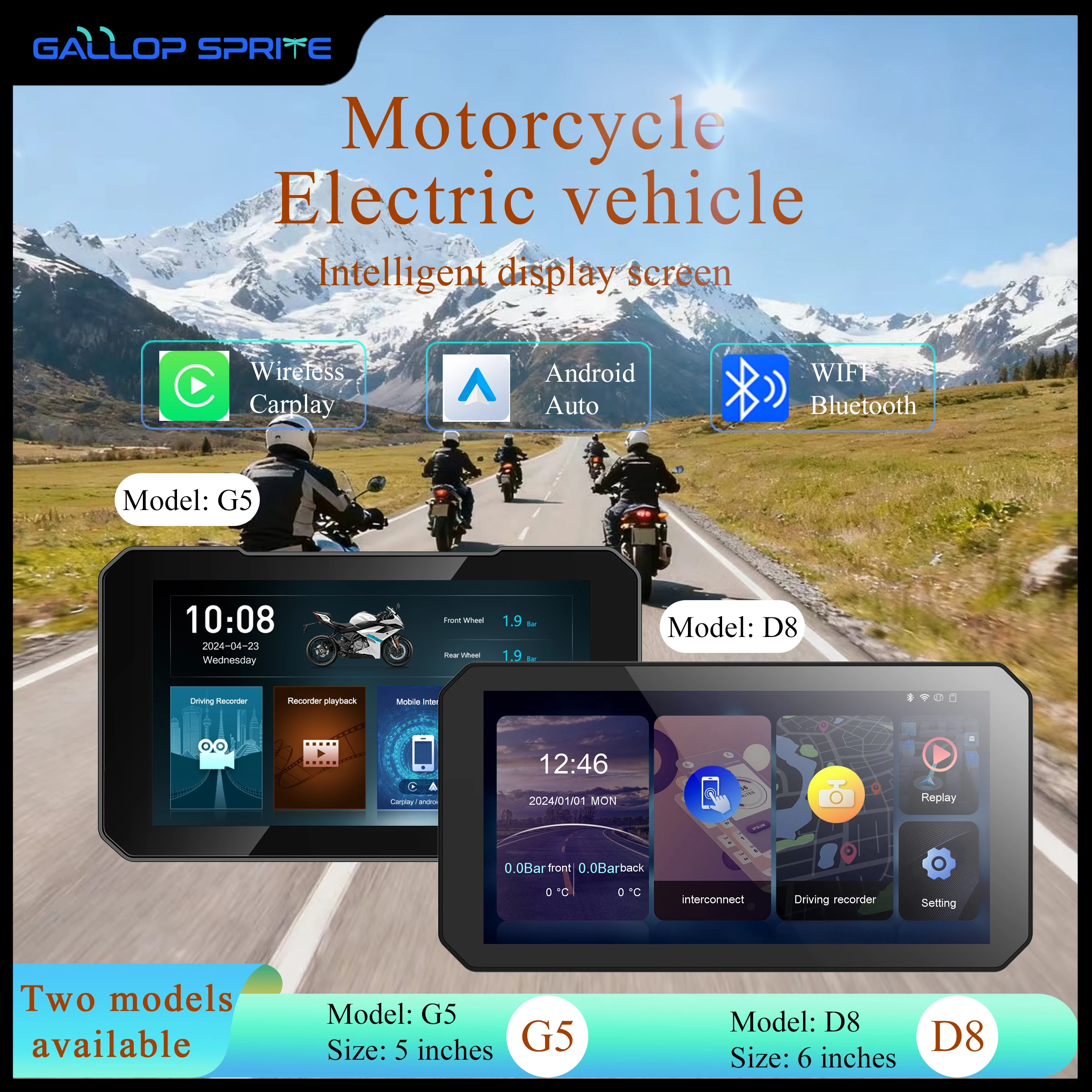 Gallop Sprite 5/6 inch Motorcycle Navigation Display Screen Wireless CarPlay Android Auto Portable Digital Motorcycle Dashboard