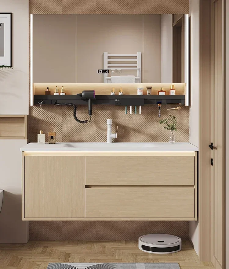 

Customized combination of intelligent mirrors for rock plate hot bending integrated basin, enlarged basin, natural wood color Ho