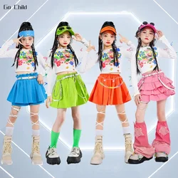 Hip Hop Girls K-pop Crop Top Street Dance Candy Color Tiered Skirts Kids Streetwear Children Jazz Costumes Sweet Clothes Sets