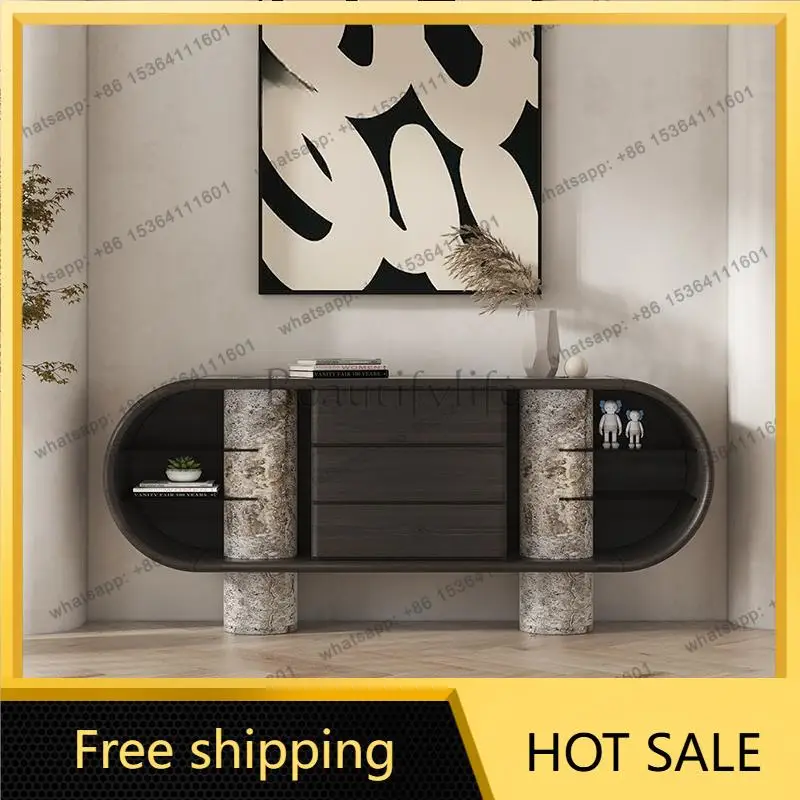Italian Natural Marble Sideboard, Luxury Stone Storage Cabinet with Open Shelves