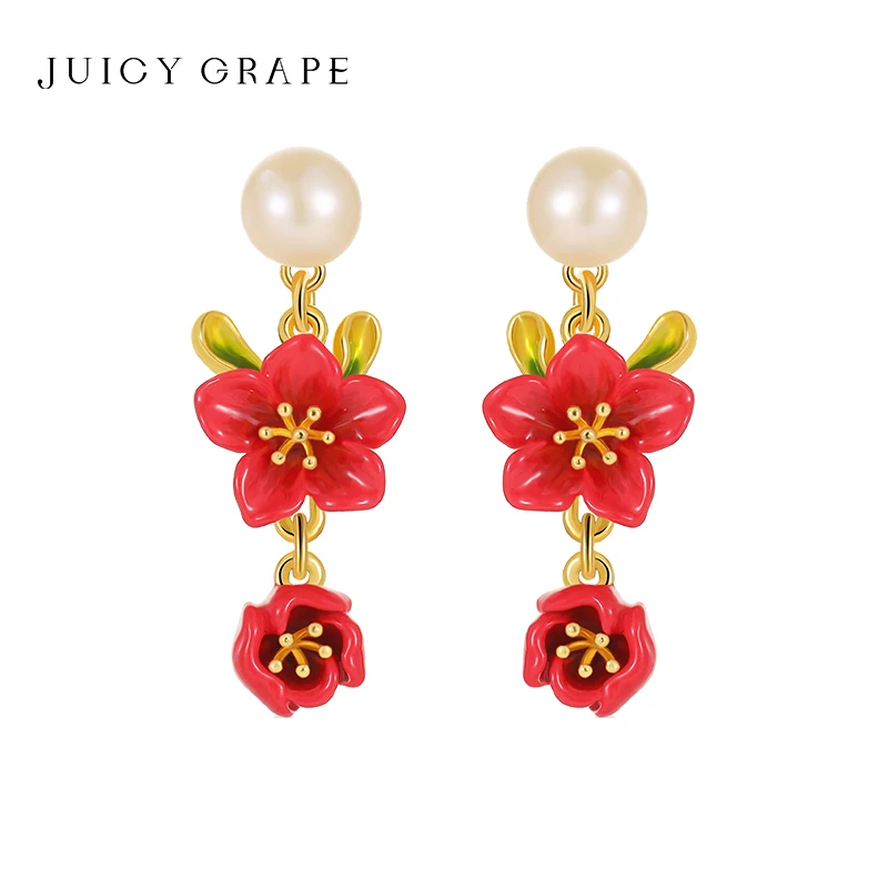 JUICY GRAPE  Original Design Enamel Begonia Flower Earrings for Women French Ear Clips Pearl Floral Studs Wedding Party Jewelry