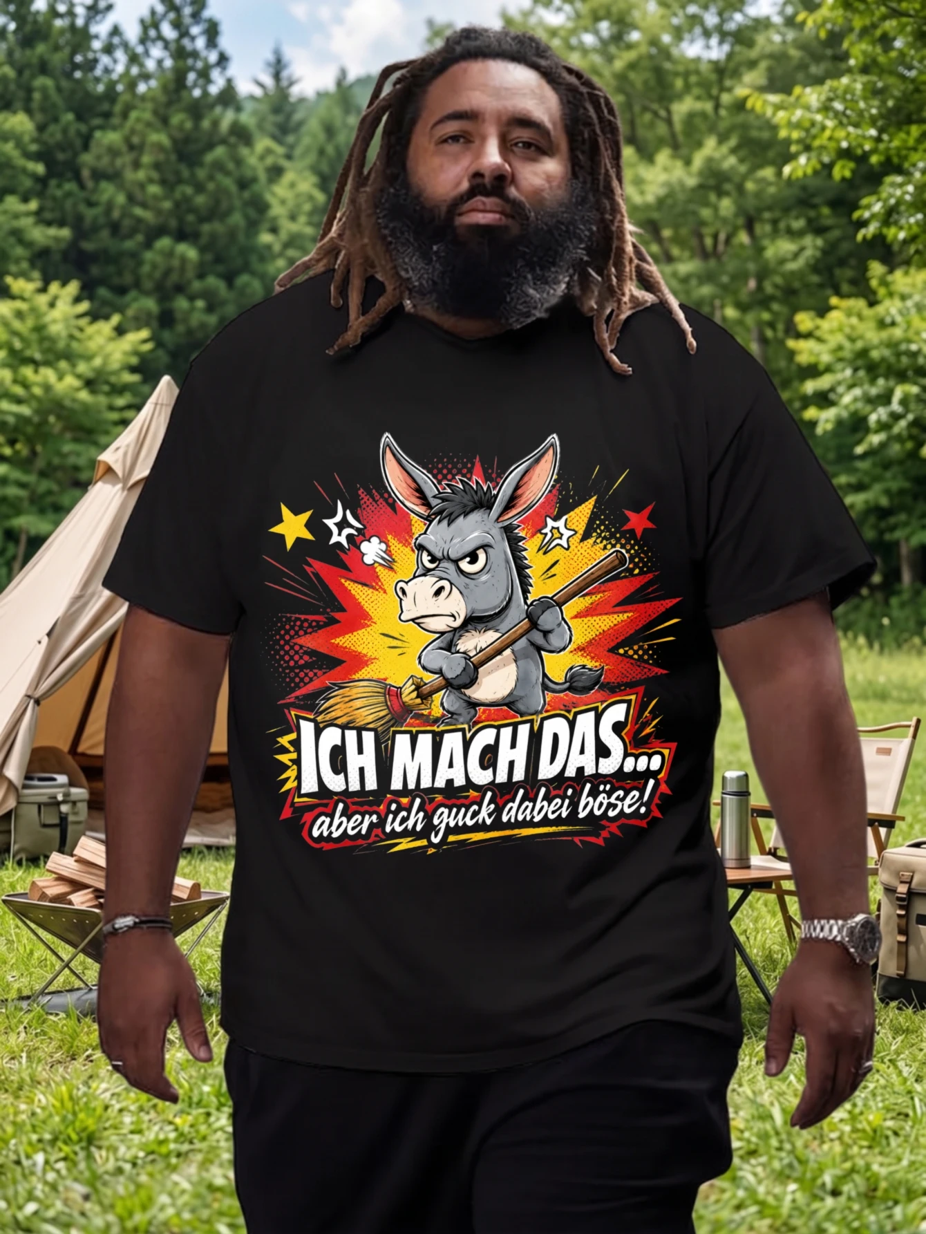 1 Stück 100% Baumwolle Unisex T-Shirt mit Cartoon-Esel-Motiv und Besen, deutscher Textdruck, O-Ausschnitt, kurze Ärmel, Übergröße, bequeme Freizeitkleidung, maschinenwaschbar