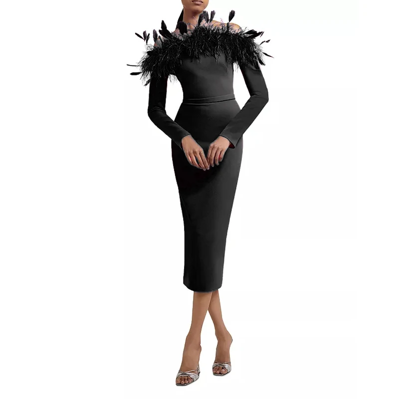 

2024 New Style Off-shoulder Long Sleeves Slash Neck Black Feathers Mid Bandage Dress Ladies Clothing Design Sense