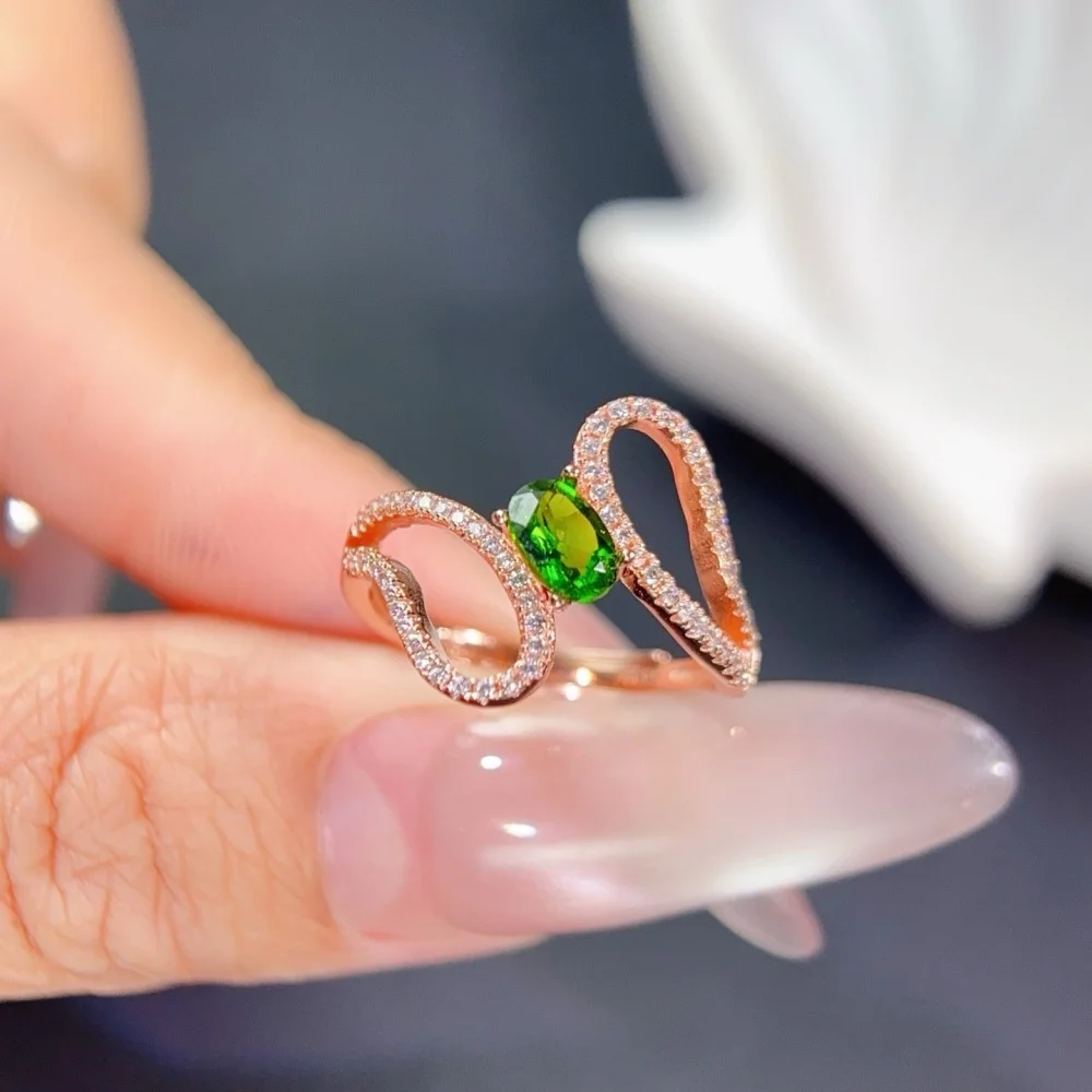 S925 4×6mm Sterling Silver Natural Diopside Gemstone Ring for Women Fashion Healing Jewelry Stylish Accessory Sweet Gift