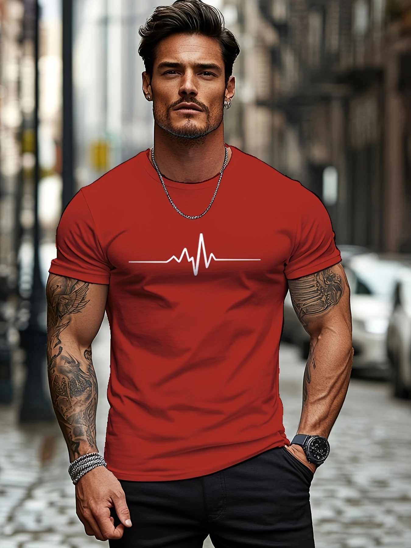 Fashionable Men's Summer Heartbeat Print Round Neck Tee Ultra Breathable Outdoor Daily Trendy Soft Light Premium Slim Casual Top