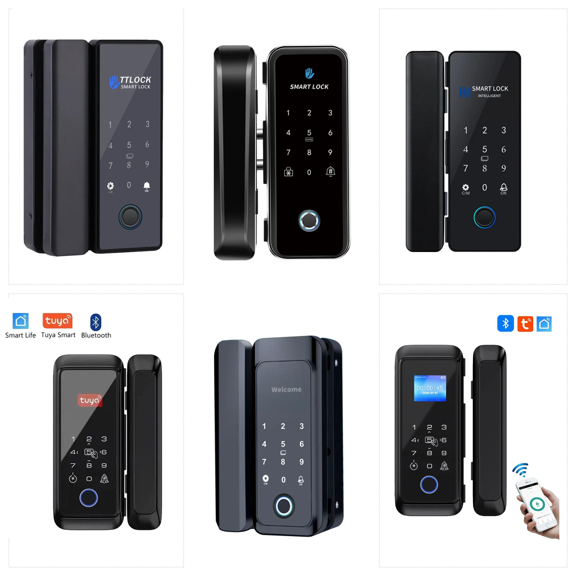 

Bluetooth Tuya App / TTLOCK App Smart Lock For Frameless Glass Door Sliding Door RFID Ic Card Electric Fingerprint Lock No Drill