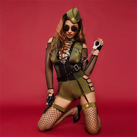 8 Piece Women Army Camouflage Bandage Bra Tight Sexy Bodysuit Leather Gloves With Stars Garter Set Military Girl Cosplay Uniform