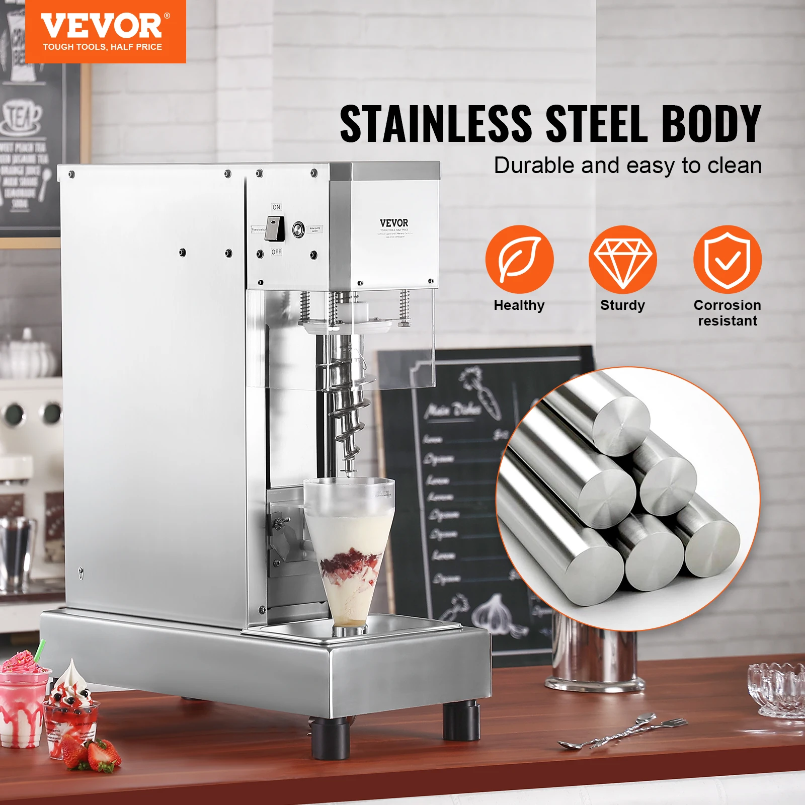 VEVOR Ice Cream Blender 750W High-Speed Ice Cream Maker Mixer Stir Machine 304 Stainless Steel Ice Cream Shaker with Long Handle