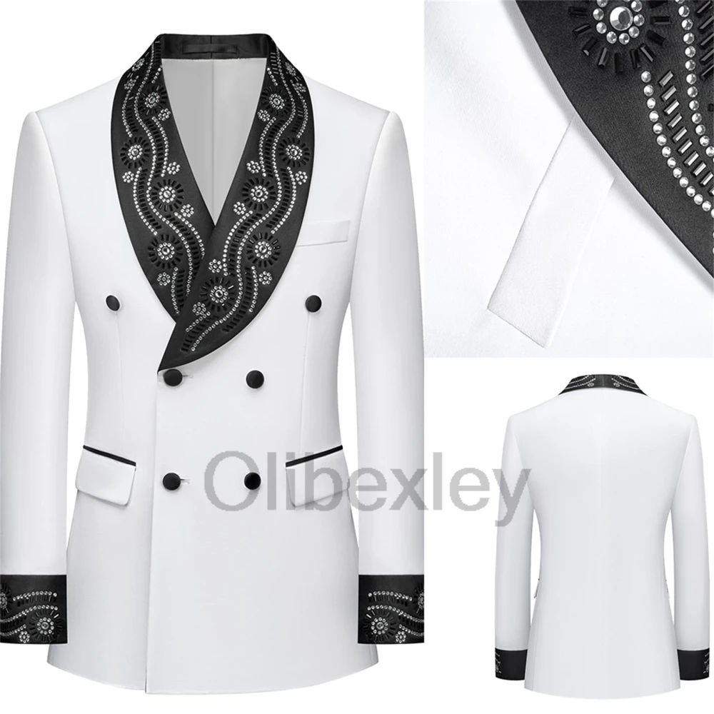 Olibexley White Men's Formal Jacquard Tuxedo Luxury Rhinestone Slim Fit Dinner Blazer Jacket for Prom Party Customized S378
