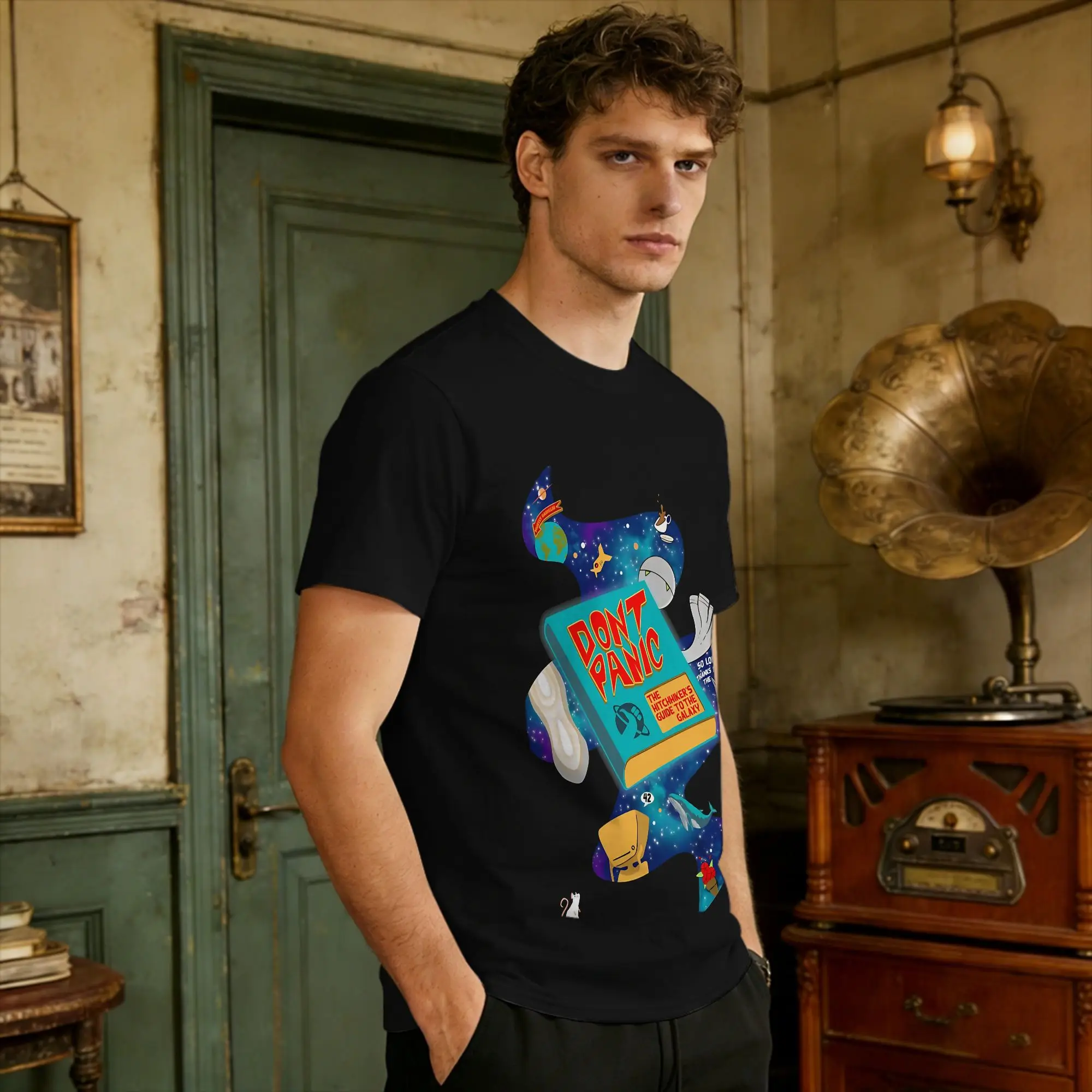 Mens T Shirt Hitchhiker'S Guide To The Galaxy T-Shirts Fashion Don'T Panic Summer Tees Street Style 100% Cotton Tops Plus Size