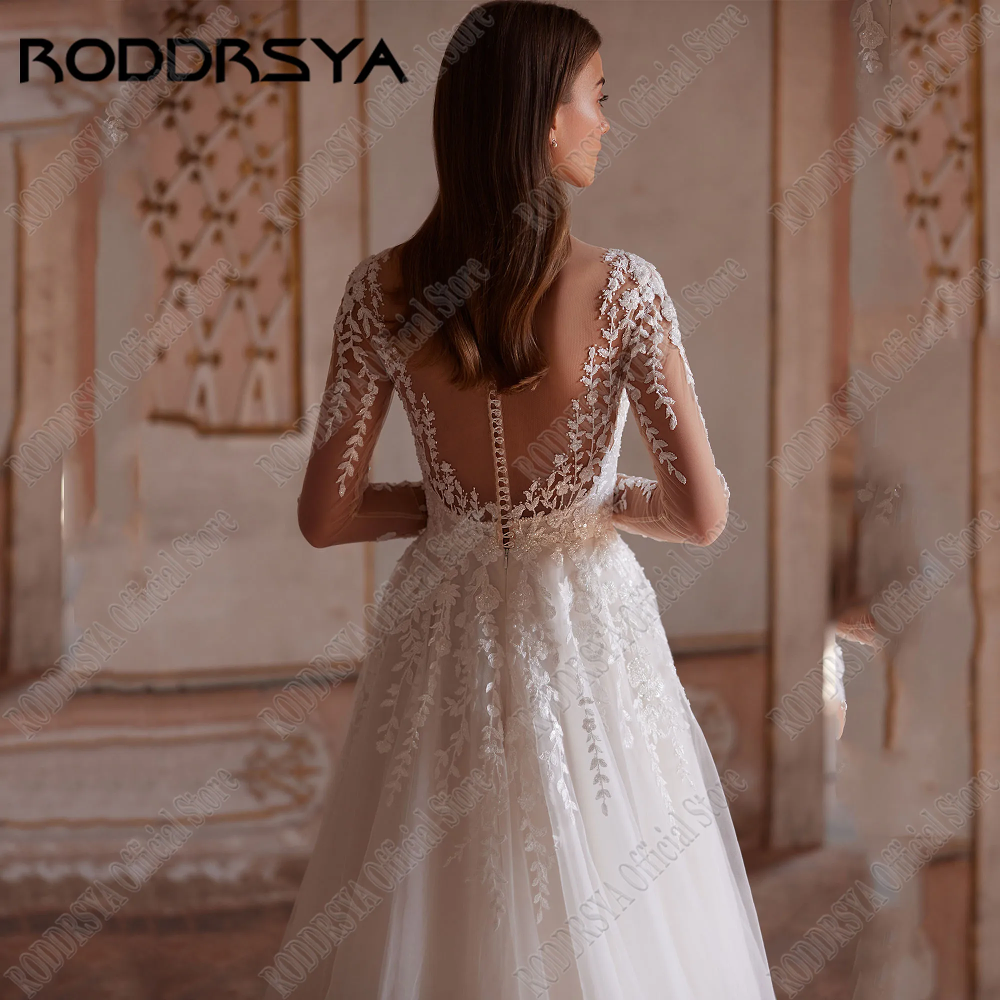 Roddrsya charmante Tüll Brautkleid lange Ärmel o Hals Applikation Vestidos de Novia eine Linie Brautkleid Sweep Train angepasstRODDRSYA Charming Tüll Brautkleid Lange Ärmel O-Ausschnitt Applikation Vestidos De Novia A