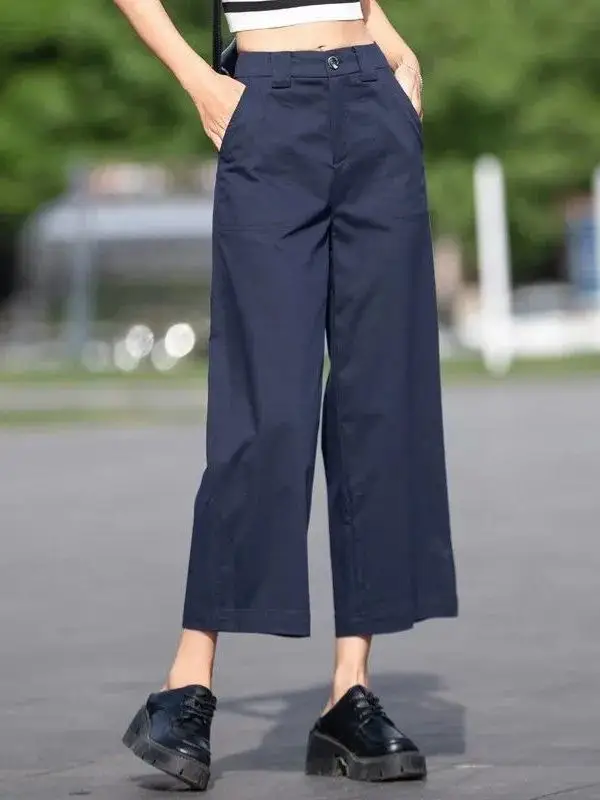 Women's Nine-Foot Wide Leg Pants Hidden Hip Casual Workwear Straight Tube Thin Cotton High Waist Commute Sle Asymmetric ...