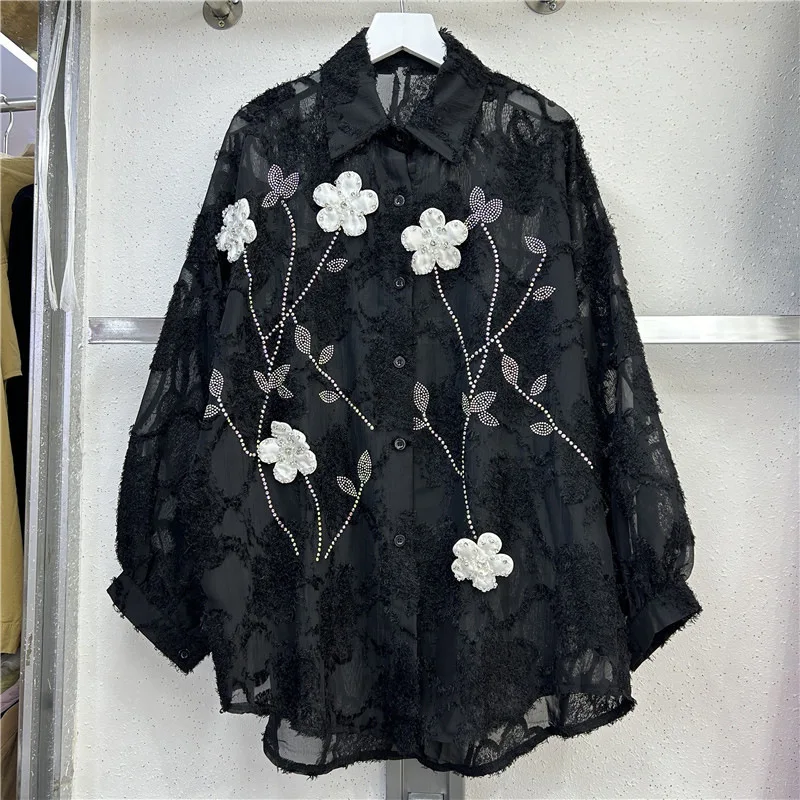 

Women's Spring Autumn Shirt Chiffon Blouse Jacket Diamond Embroidery Flower Outfit Design Soft Brand Simple Fashion Comfortable